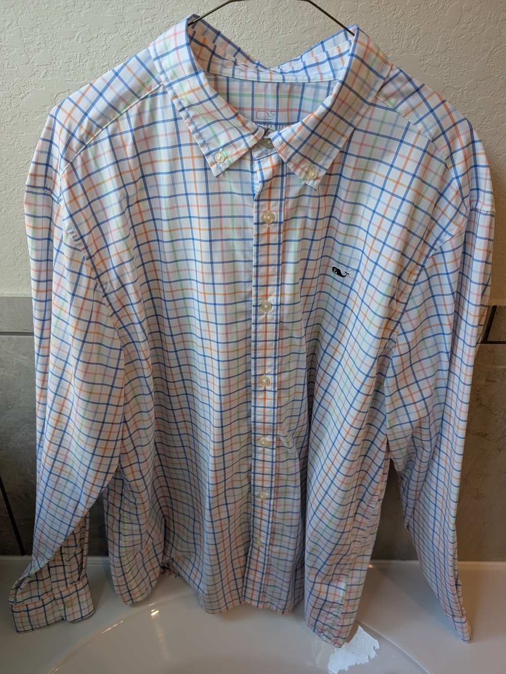 Vineyard Vines White Plaid Button-Down Shirt with Blue, Orange & Green